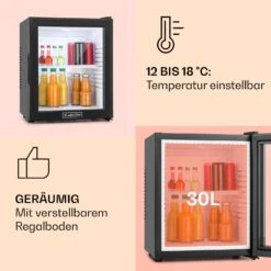 MKS-13 Minibar Mini-Kühlschrank 3 Temperaturen 30L 23 DB Glastür -Klarstein 10005440 de 0004 usp