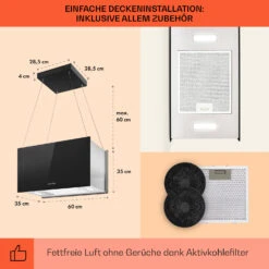 Kronleuchter L Inselabzugshaube 60cm Abluft: 590m³/h LED Touch Glas -Klarstein 10033106 de 0005 usp