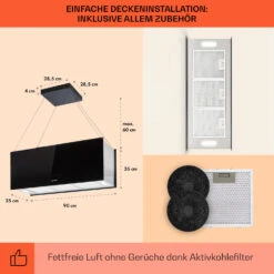 Kronleuchter XL Inselabzugshaube 90cm Umluft 590m³/h LED Touch Schwarz -Klarstein 10033108 de 0005 usp