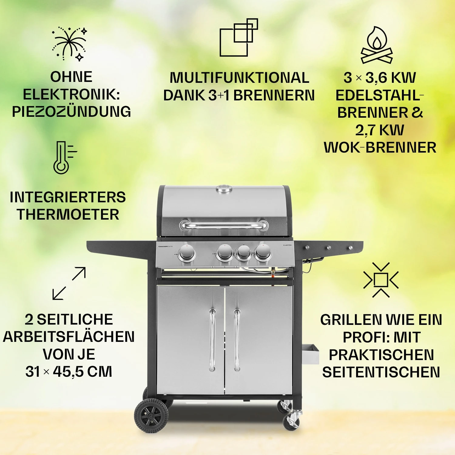 Tomahawk 3.1 S Gasgrill 3x3,6kW Brenner+2,7 KW 60x45cm Grill Edelstahl 4 Tomahawk 3.1 S Gasgrill 3x3,6kW Brenner+2,7 KW 60x45cm Grill Edelstahl – Bild 2