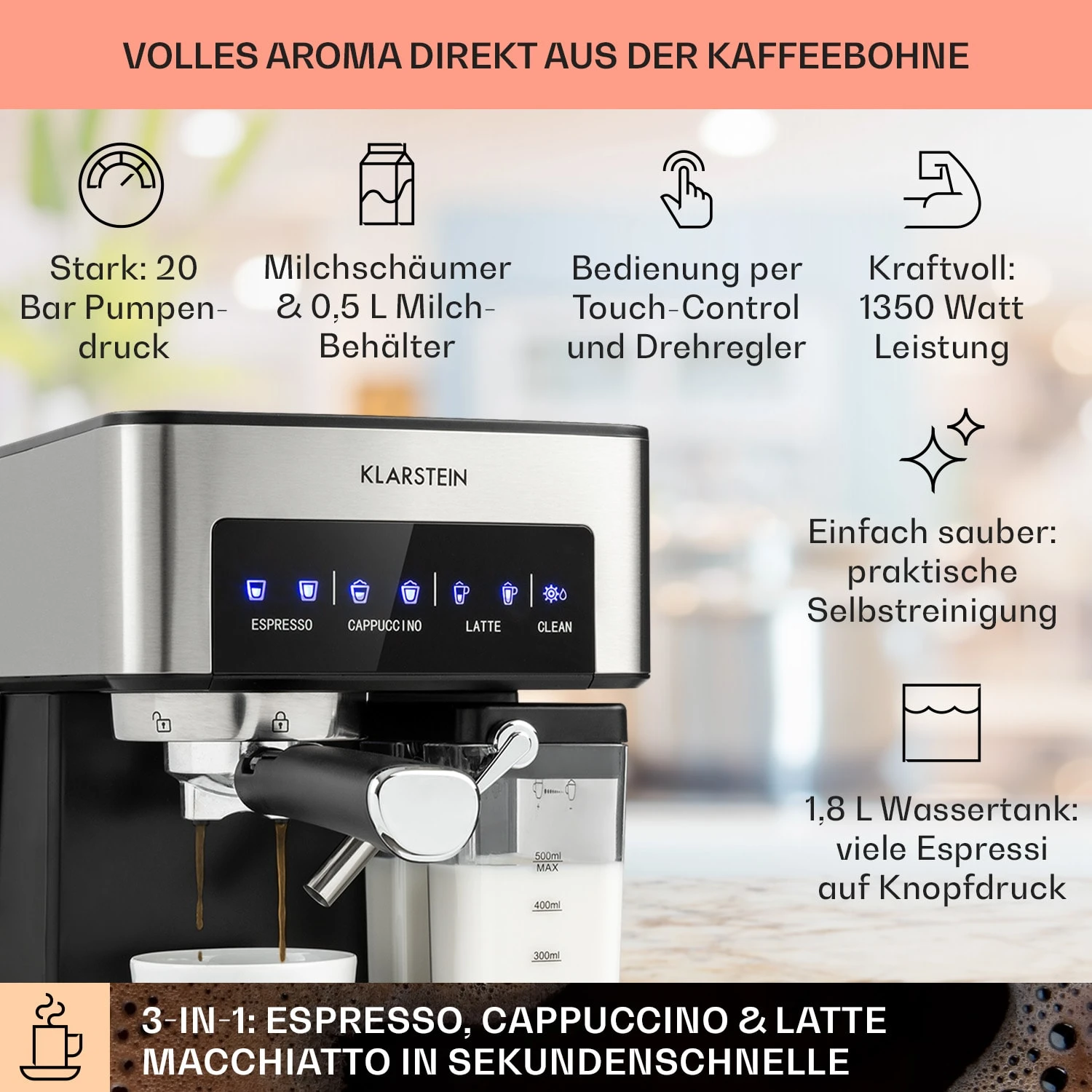 Arabica Comfort Espressomaschine 1350W 20 Bar 1,8l Touch-Bedienfeld 4 Arabica Comfort Espressomaschine 1350W 20 Bar 1,8l Touch-Bedienfeld – Bild 2