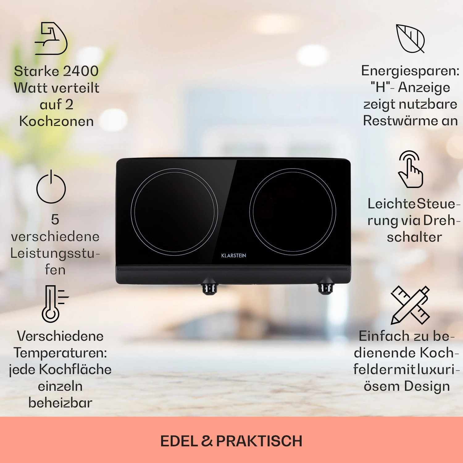 Cookbuddy Doppel-Kochfeld 2400W 5 Leistungsstufen Glaskeramik 4 Cookbuddy Doppel-Kochfeld 2400W 5 Leistungsstufen Glaskeramik – Bild 2