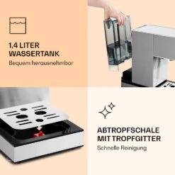 Pausa Espressomaker 1350 Watt 20 Bar Druck Wassertank: 1,4 Liter Edelstahl -Klarstein 10038393 de 0007 logo