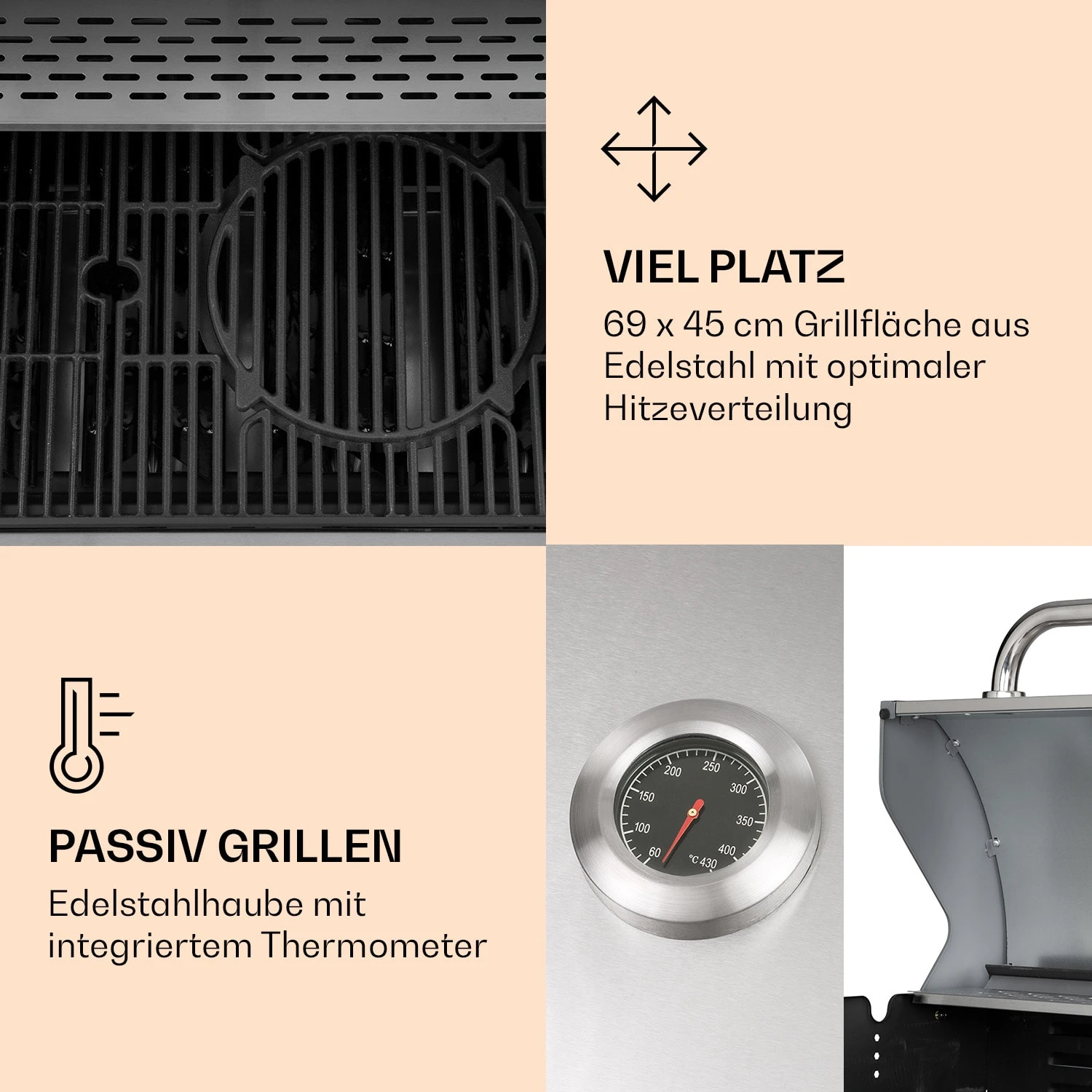 Lucifer 4 Gasgrill 4 X 3,6 KW Brenner 69x45cm Grill Edelstahl Mobil 6 Lucifer 4 Gasgrill 4 X 3,6 KW Brenner 69x45cm Grill Edelstahl Mobil – Bild 4