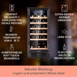 Vinovilla 29 Built-In Weinkühlschrank 81 L / 29 Fl. 1 Zone Glastür Edelstahl -Klarstein 10041309 de 0002 logo