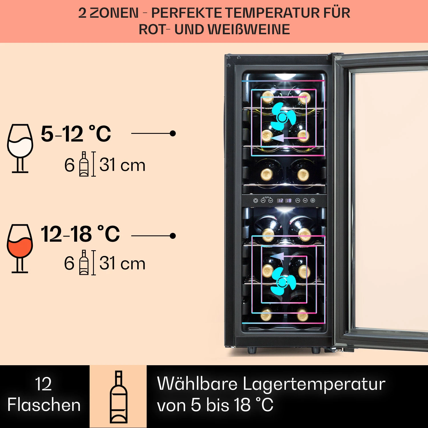 Shiraz 12 Duo Weinkühlschrank 2 Zonen 42L/12 Flaschen 5-12 / 12-18 °C Touch 5 Shiraz 12 Duo Weinkühlschrank 2 Zonen 42L/12 Flaschen 5-12 / 12-18 °C Touch – Bild 3